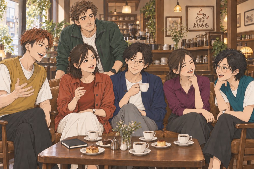 Ren, Aoi, Haru, Emi and Lin seated at Kissaten Yorimichi, with Sam standing behind
