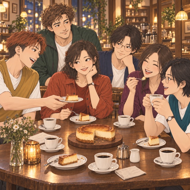 Six friends share homemade cheesecake around a table at Kissaten Yorimichi.